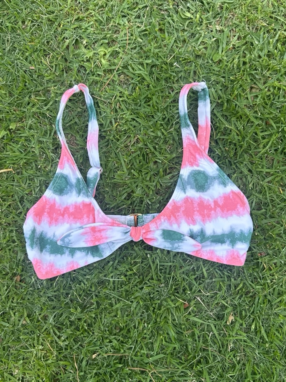 Striped Knot Front Bikini Top in Coral, Green & White